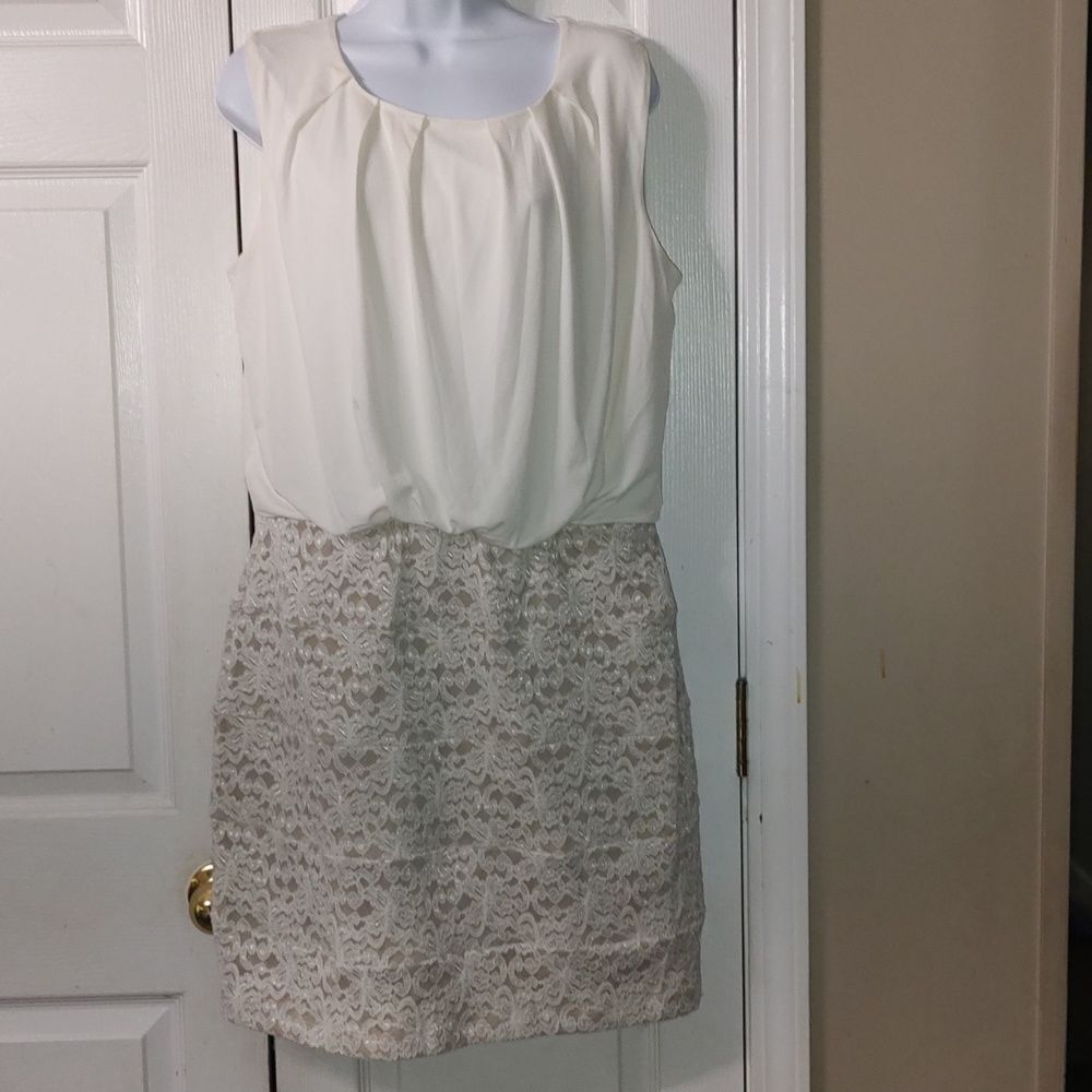 Enfocus Women White/Nude BLOUSON LACE DRESS Wedding Church Party Cruise Sz 16W
